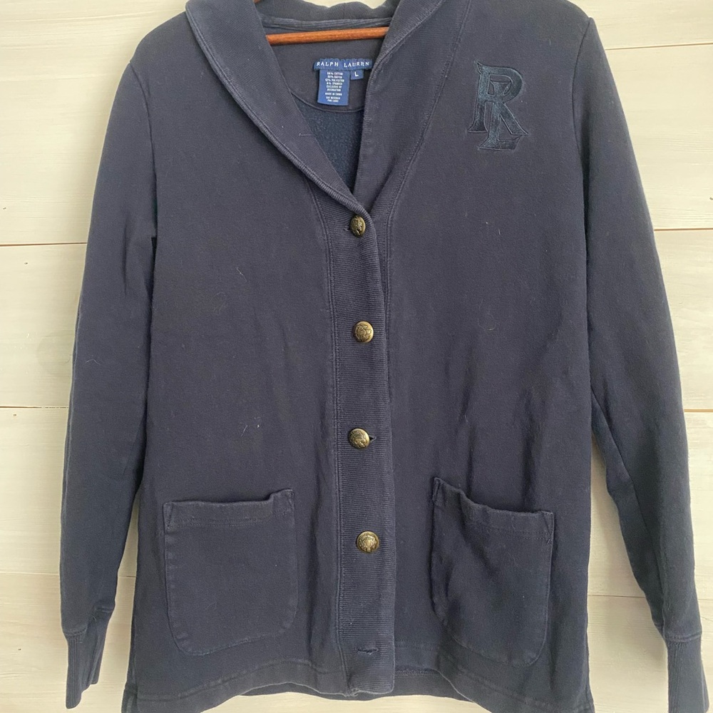 Ralph Lauren Navy Shawl Collar Knit Cardigan with Elbow Patches - Flaw